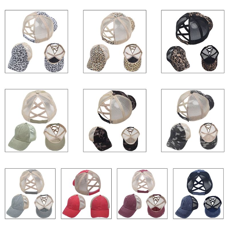 Women Distressed Washed Mesh Baseball Cap Leopard Camo Ponytail Band Trucker Hat 2XPD