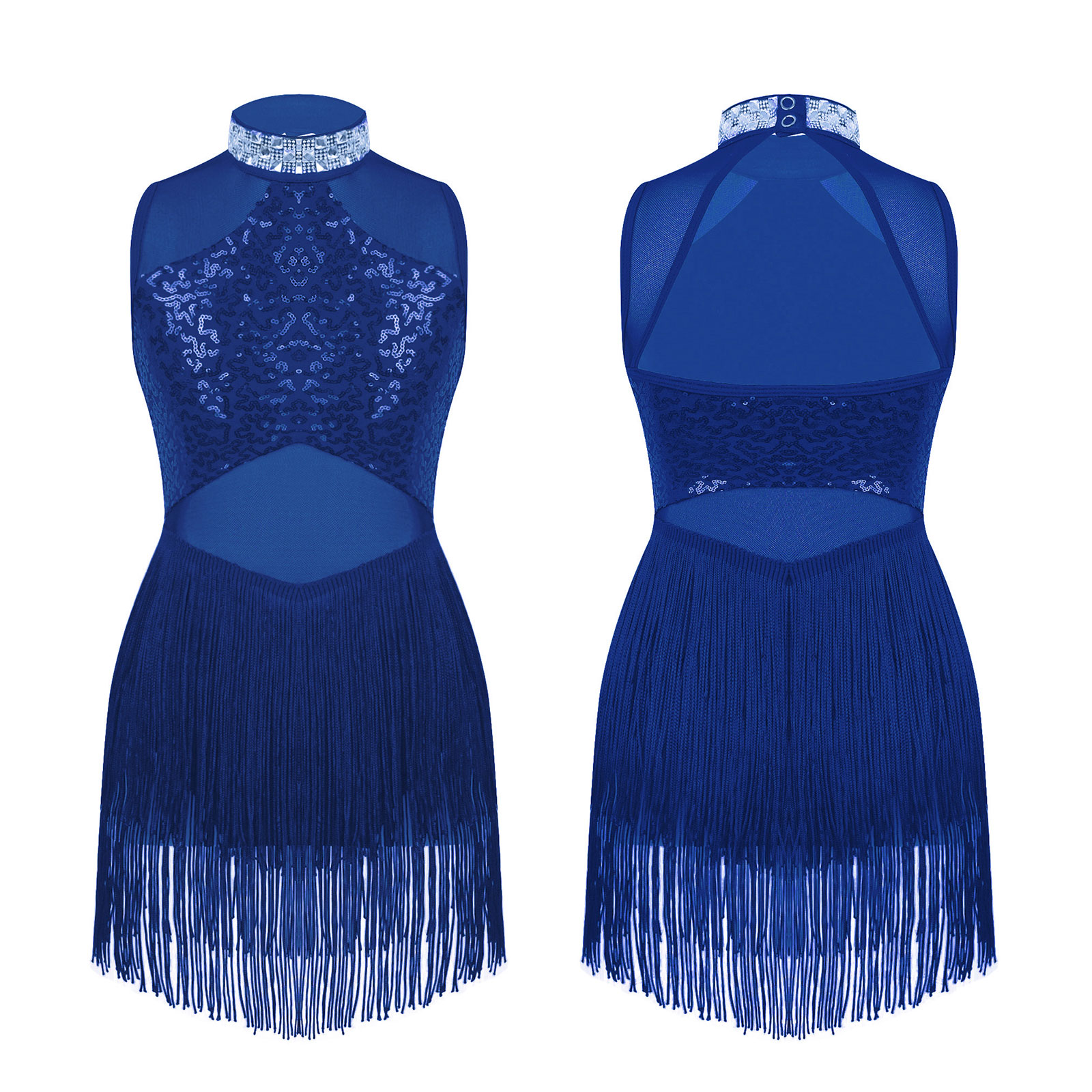 Vestido de baile latino para niñas, lentejuelas brillantes, malla transparente, dobladillo con borlas, Ropa de baile de Jazz moderna, leotardo de Ballet, traje de baile de patinaje: XS / Azul