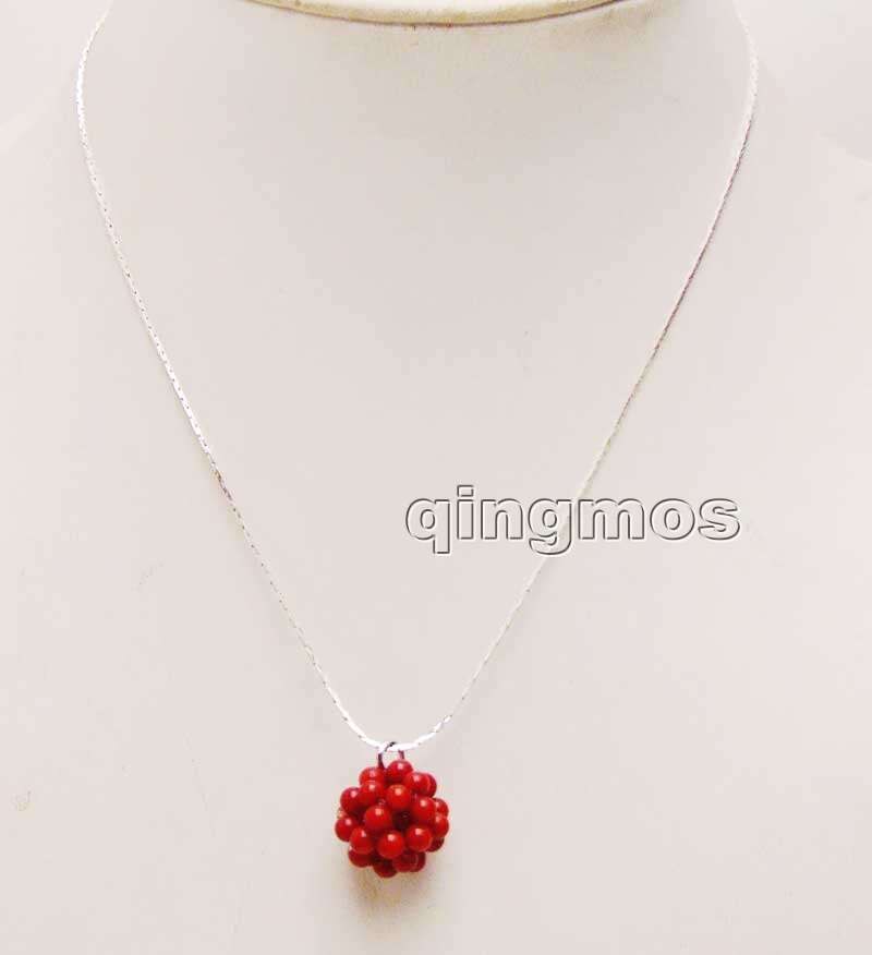 Grand 18-20mm rouge naturel 4-5mm corail travail manuel tissage pendentif boule ronde avec chaîne plaquée argent 17 ''Necklace-nec6202