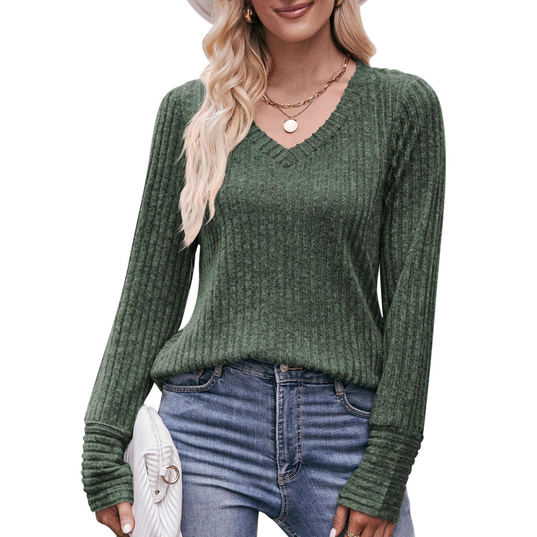 Herfst Winter Losse Casual V-Hals Pullover T-Shirts Dames Mode Eenvoudige Lange Mouw Onderkant Top Vrouwen T-Shirt Dames Kleding: M / Army Green