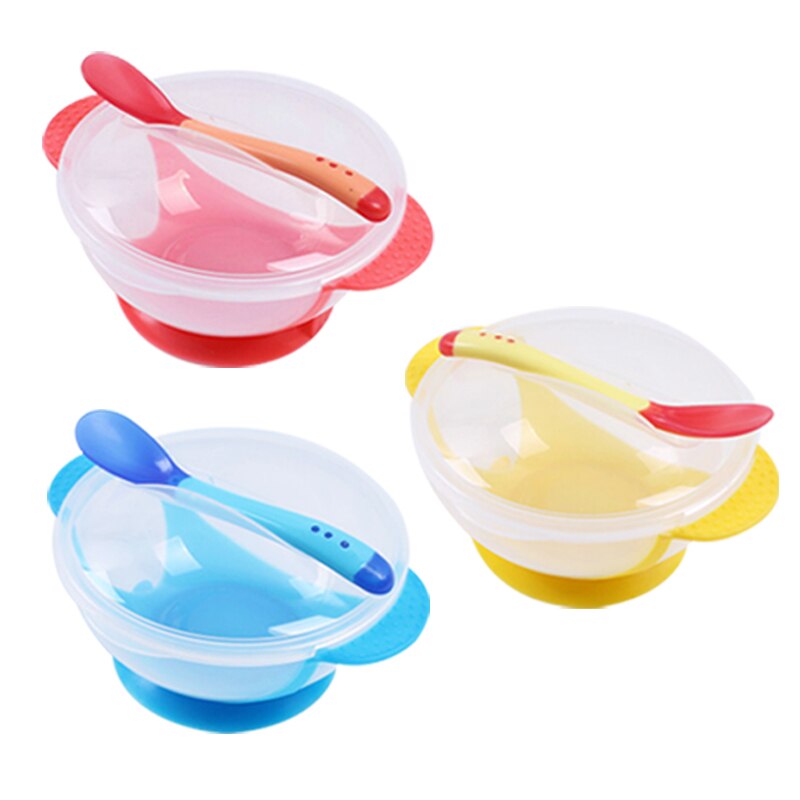 3set Temperature Sensing Feeding Spoon Child Tableware Food Bowl Learning Dishes Plate Suction Cup Baby Dinnerware Set: Mix Color Cover