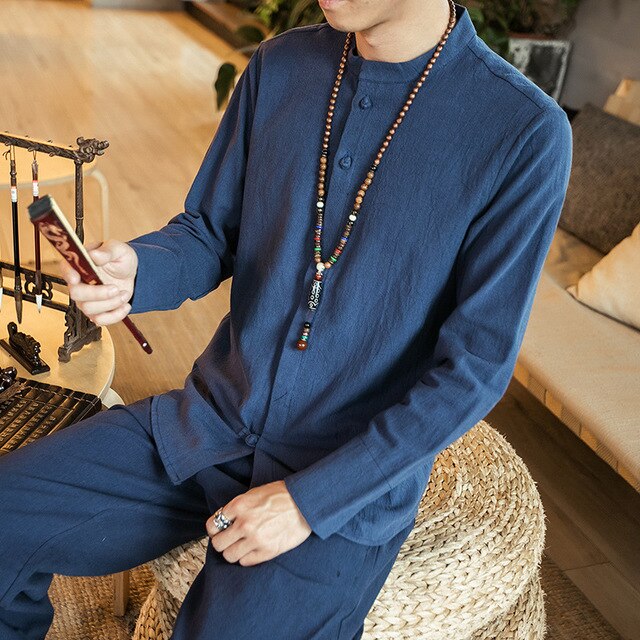 Ropa China tradicional para hombres, camisas de lino de algodón, prendas de vestir exteriores de Jack Chan Kung Fu Tai Chi, Tops de Estilo de China para hombre: Dark Blue / M