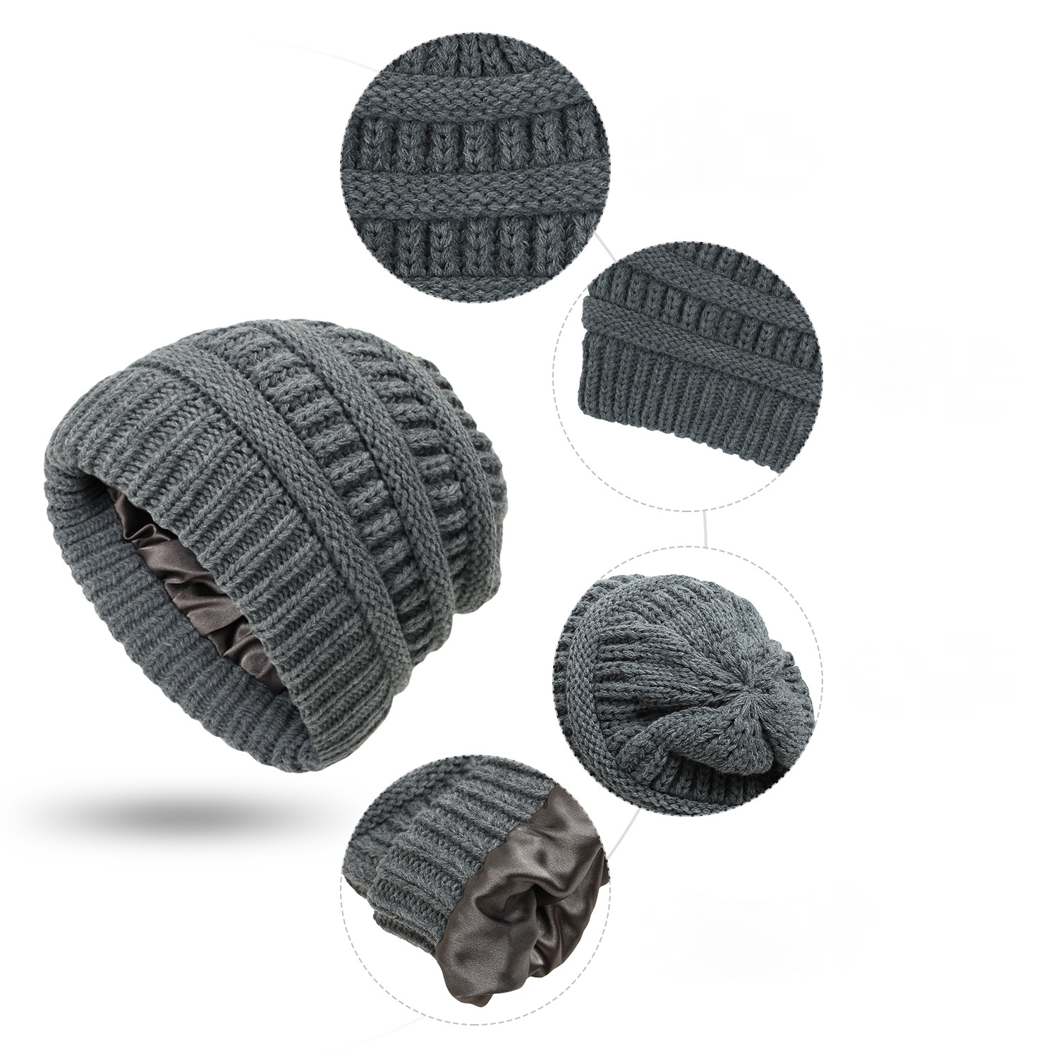 Gorro de punto cálido para mujer, gorro de punto con forro de seda satinada, gorro grueso y holgado con calavera, 9 colores, de invierno, 2022