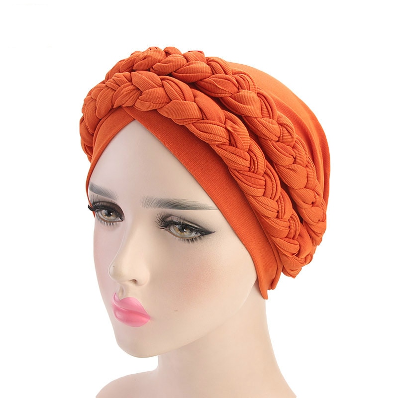 Musulman Double couleur tresses Stretch Turban à volants cheveux chapeaux Beanie Bandanas foulard Turban chapeaux pour les femmes 08