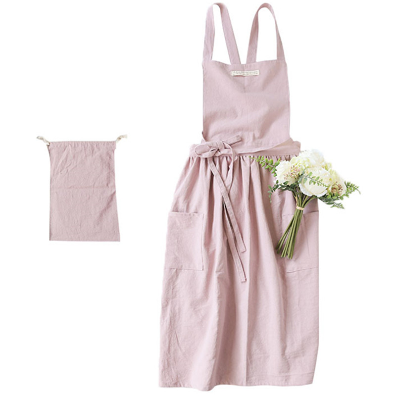 Long Pink Blue Cotton Apron Cafe Barista Restaurant Waitress Bakery Florist Uniform Cook Baking Painting Crafting Work Wear D37