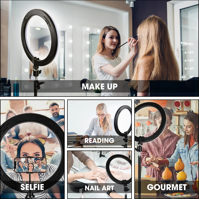 Videolamp 26cm selfie led-ringlamp dimbare ronde ringlamp met statief statieven randlicht voor tiktok make-up ringlamp