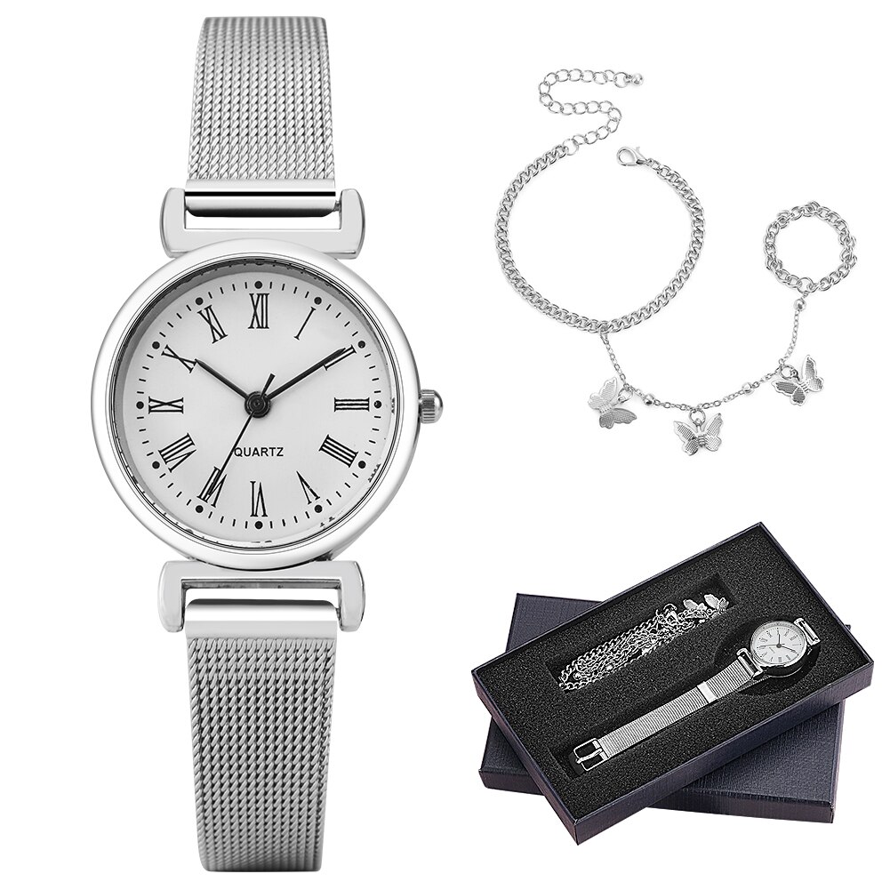 Elegante Vrouwen Armband Horloge Set Zilveren Romen Digitale Wijzerplaat Quartz Horloge Lady Chic Vlinder Hand Ketting Met Ringen Voor vrouw: Watch Bracelet A