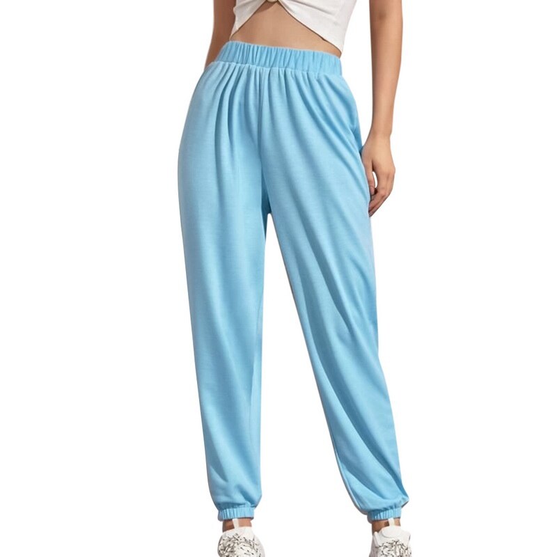 Effen kleur joggingbroeken hoge taille lange baggy broek dames casual joggingbroek dans losse broeken hip streetwear: Blauw / S