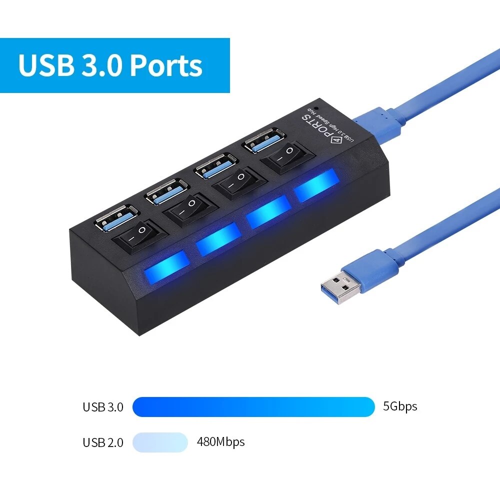 4-Port USB 3.0 Hub USB Splitter 4 Ports Expander with Switch for Pc
