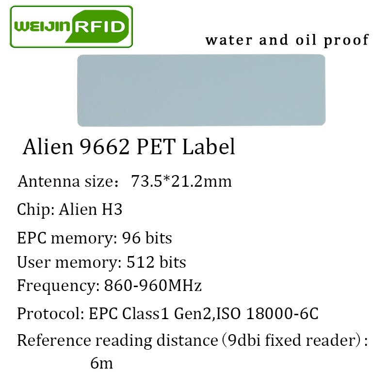 Sticker rfid uhf tag passivo tag impinj alien wet inlay 900 915m 868 860-960mhz VIKITEK EPC c1G2 6c self-adesivo etichetta RF circuito integrato: 73.5x21.2mm 9662 PET