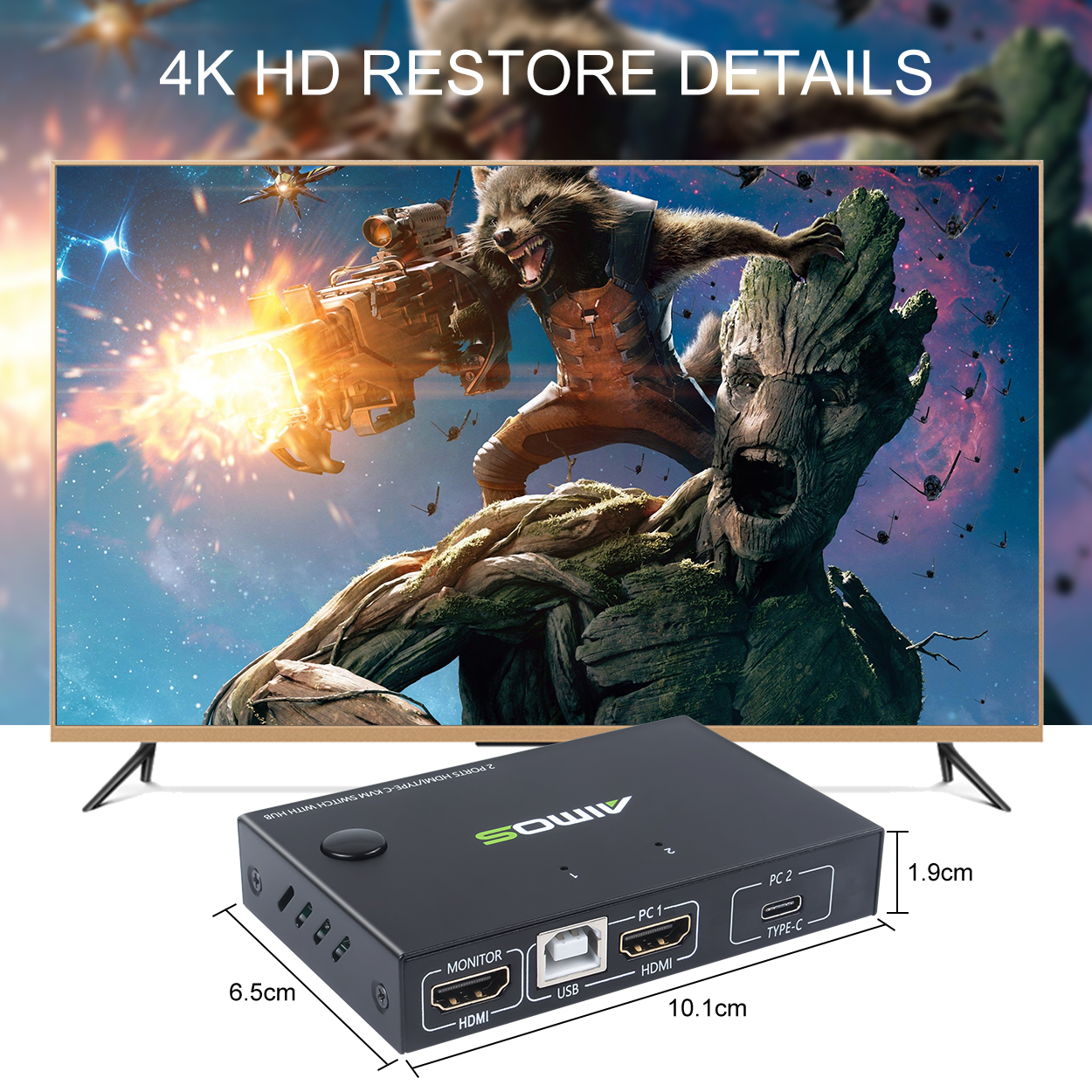 Imprimante KVM HD 4K, 2 ports USB, commutateur 2 en 1, commutateur TYPE-C KVM, 2 ports, partage d&#39;un écran d&#39;ordinateur, souris et clavier USB