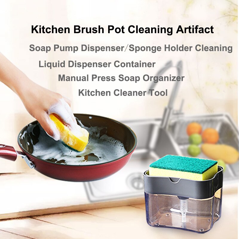 Zeepdispenser, zeeppomp, sponshouder, keuken, 2- in -1 handmatige pers, vloeibare zeepdispenser met sponshouder, reiniging