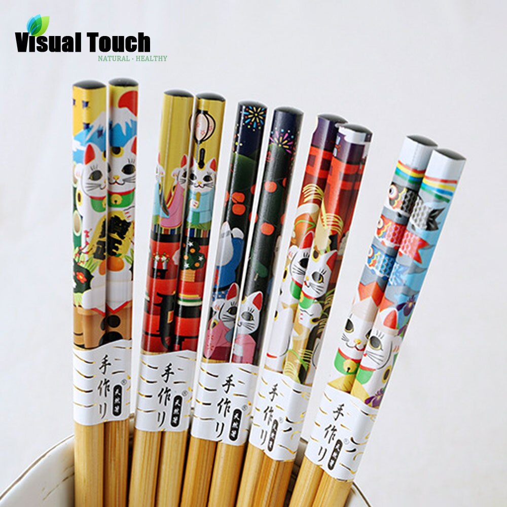 Visuell beröring 5 st set pack lucky cat bambu trä ätpinnar återanvändbara servis middag japansk ätpinne sushi matpinnar