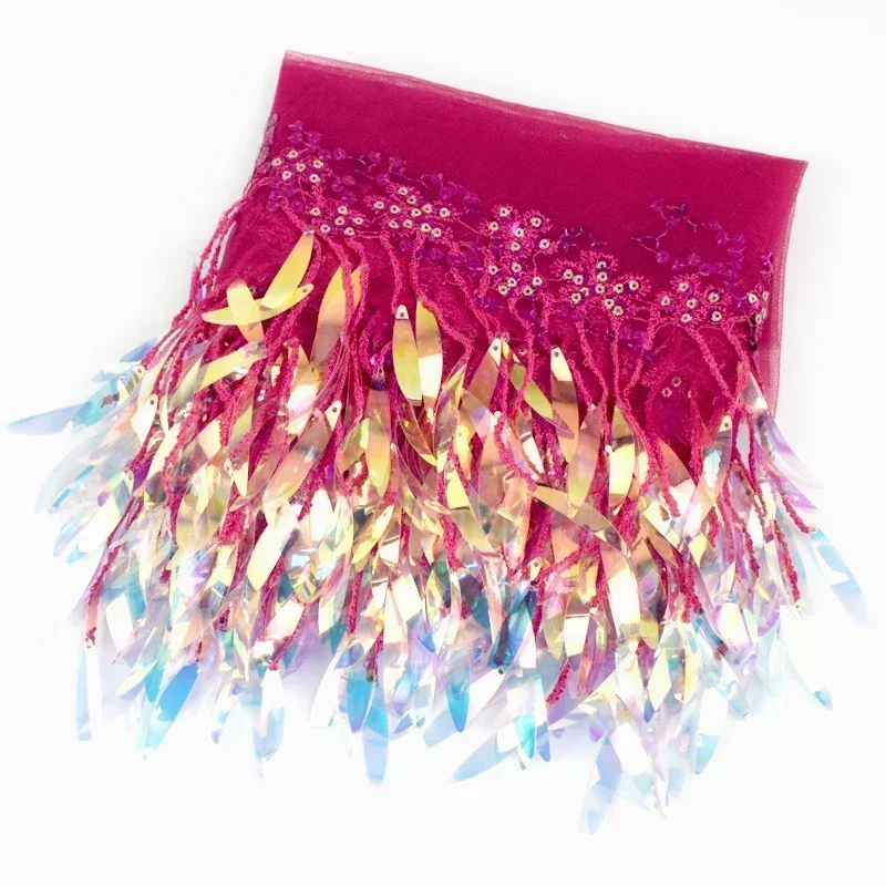 Meetee-flecos de lentejuelas de 15cm, adornos de encaje de malla para coser vestido latino, ropa de boda, recorte de flecos decorativos, 2-10 yardas: S / Rojo