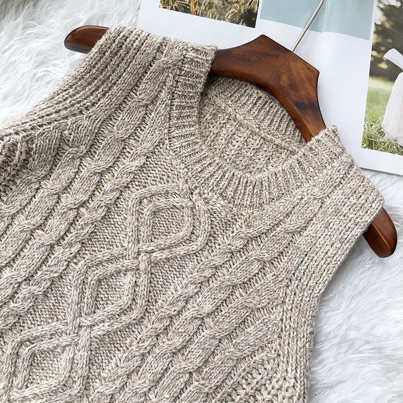 Ropa de otoño e invierno Chaleco de lana gruesa para mujer, Chaleco de punto suelto de gran tamaño, cuello redondo en la sección larga del chaleco salvaje