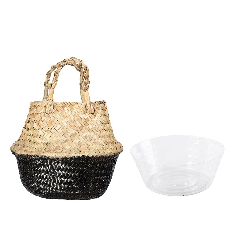 20cm Handmade Rattan Woven Basket with Waterproof Cover Foldable Seagrass Clothing Storage Basket Home Decor Flowerpot Organizer