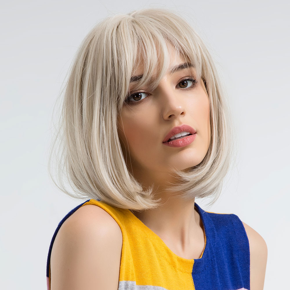 Peluca corta Bob rubia platino con flequillo, peluca rubia recta Natural sintética para mujeres blancas, cabello resistente al calor para fiestas diarias
