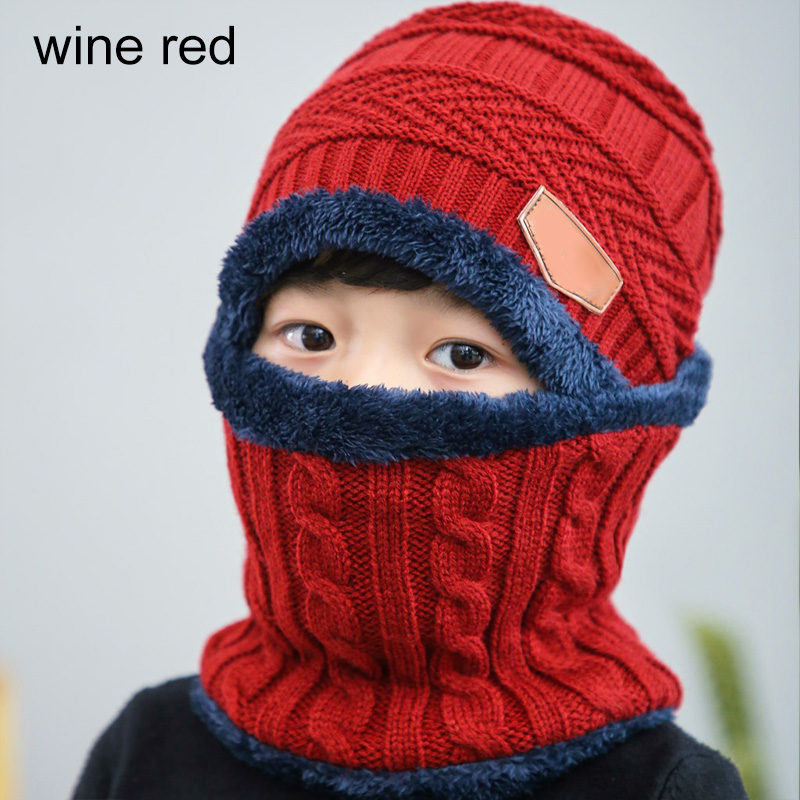 1 pz cappello sciarpa Set bambini fagiolo lavorato a maglia sciarpa berretto bambini autunno inverno pile caldo cappello sciarpa lavorata a maglia per ragazzi ragazze: wine red