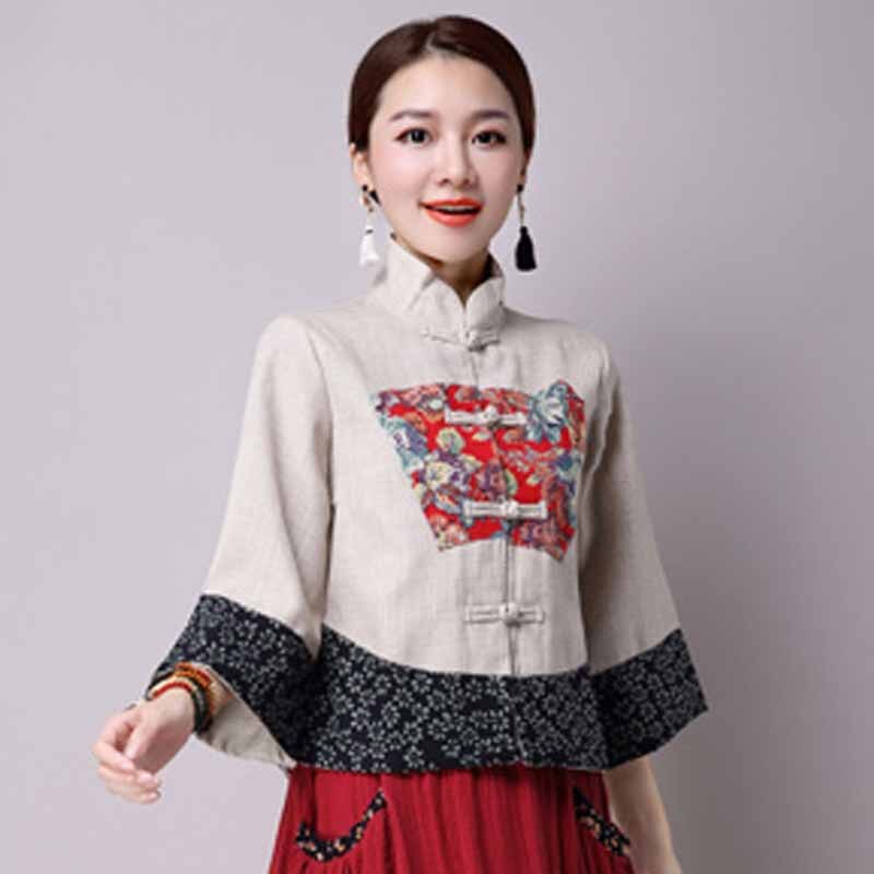 Tang Costum Vrouwen Plus Size Tops 2022 Herfst Katoen Prints Stand Kraag Traditionele Chinese Stijl Skinny Hanfu Shirts Vrouw