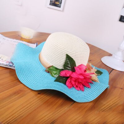 Sombrero de paja con flores para madre e hija, sombrero flexible de ala ancha para playa, verano,: Sky blue
