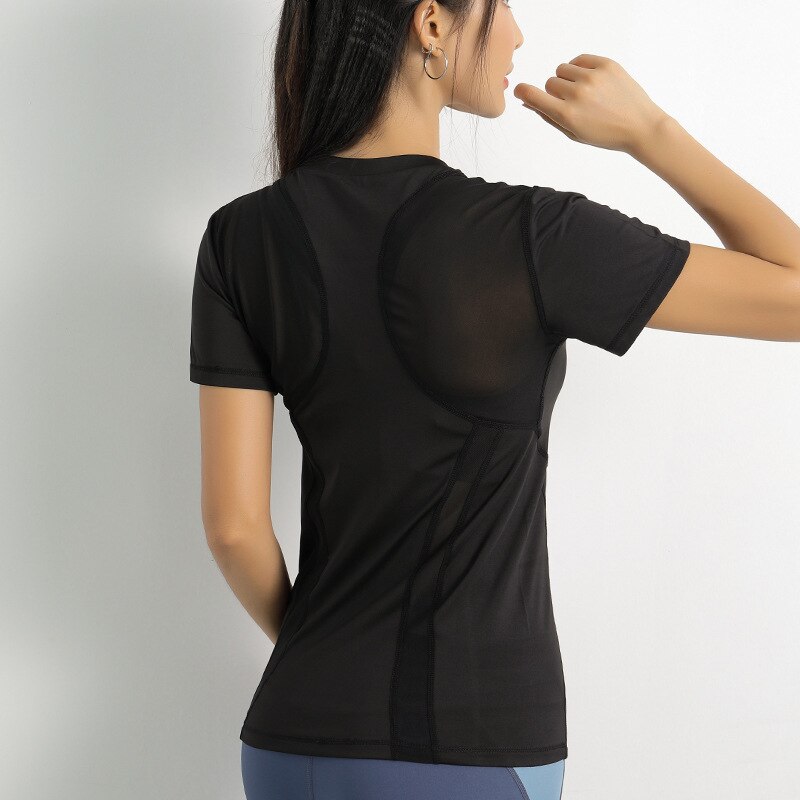 Mesh stitching sports T-shirt ladies summer slim crew neck short sleeve yoga quick drying breathable fitness running jacket