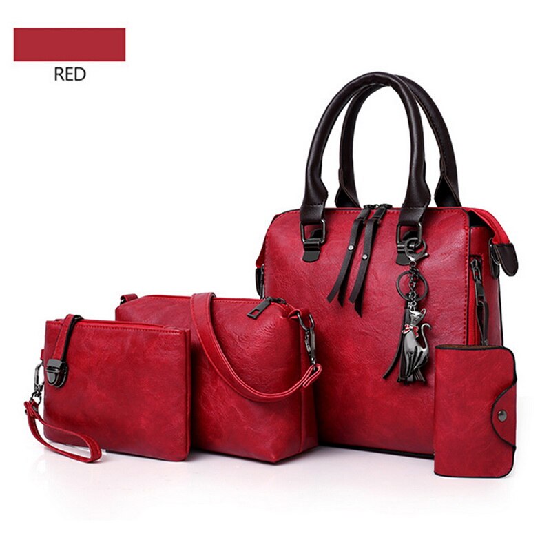 4 pièces femmes pierre motif sac à main + sac à bandoulière + pochette + carte paquet sac a main femme de luxe cuir: Red