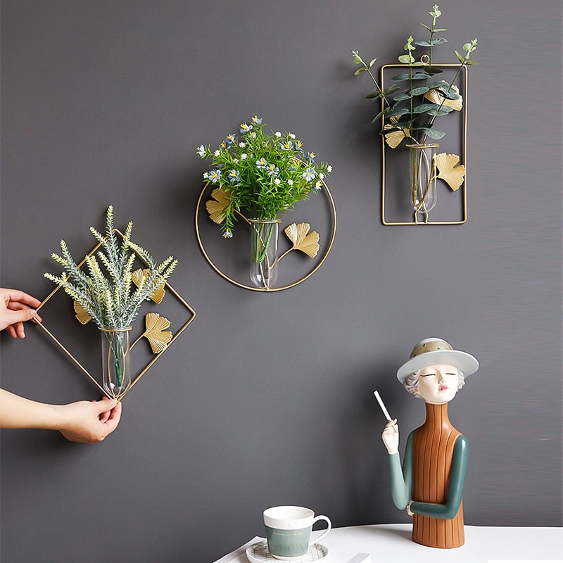 Metal Wall Vase Cylinder Flower Pot Gold Frame Wall Vase For Artificial Flower Glass Vase Wall Mount Flower Vase Home Wall Decor