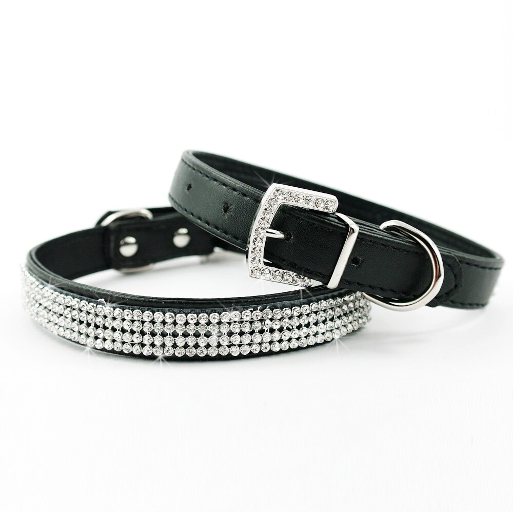 Bling hundehalsbånd rhinestone læder kæledyr hund kat hvalpe halsbånd diamant halskæde til små mellemstore hunde katte chihuahua: Sort / M
