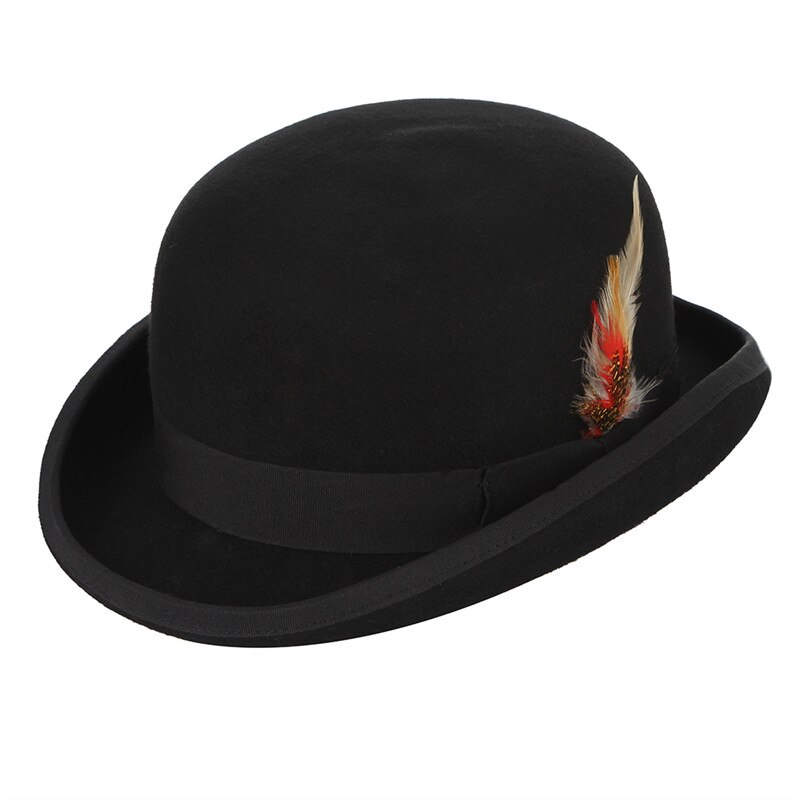 Gemvie 4 størrelser 100%  uldfilt sort derby bowler hat til mænd kvinder fjer satin foring afslappet formel fedora: M (57cm)