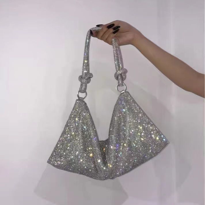 Trendy Volledige Zilveren Strass Onderarm Zak Zachte Inner Casual Fold Mode Schouder Knoop Handtas Partij Clutch