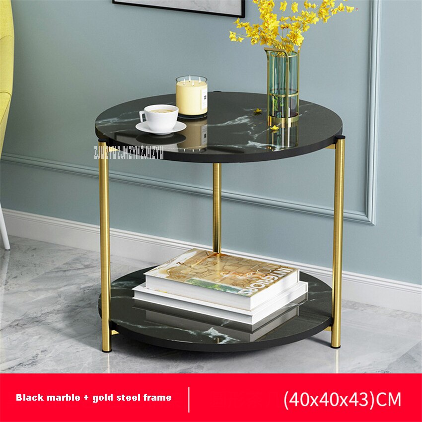 H88 pequeña mesa redonda de té de hierro, sofá Simple y moderno de doble capa, mesa de salón lateral, pequeña mesa de centro cuadrada de almacenamiento: round Black marble