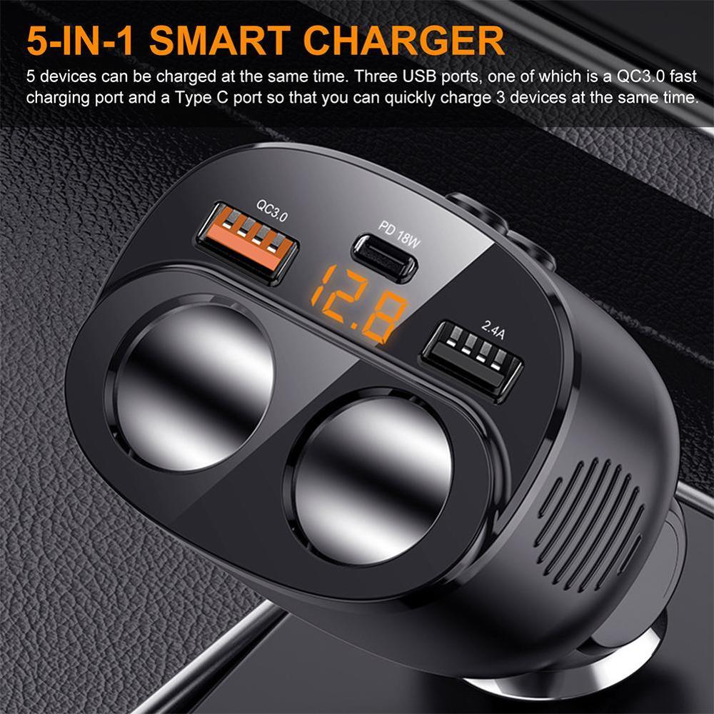 Autolader 2 -weg auto sigarettenaansteker splitter dubbele usb + type -c 12v stroomadapter 5 in 1 snelladen  qc3.0 laders