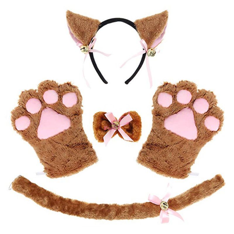 Costume de Cosplay pour femme chat femme, cloche d'oreille en peluche, bandeau, bandeau, gants ras du cou, doux, légers et faciles à porter en: 5