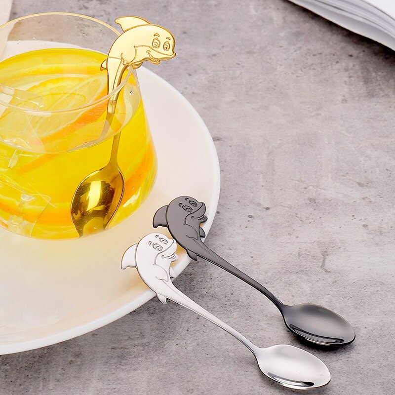Cute cartoon colorful stainless steel spoon children cartoon dolphin spoon Dessert coffee milk tea small spoon