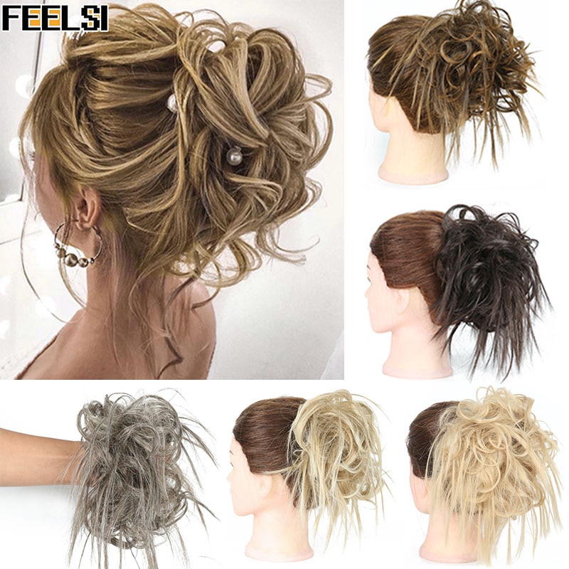 FEELSI 7 Zoll Chaotisch lockige Chignon haar brötchen Elastischen Band Haar brötchen Lockige Scrunchie haar Hochsteckfrisur Abdeckung Synthetische Haarteil für frauen