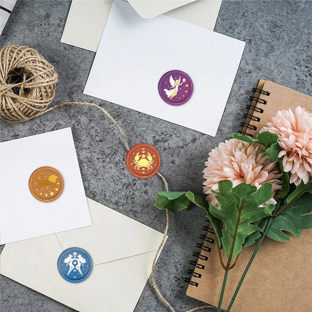 12 stjärntecken vaxstämplar runda avtagbara förseglade mässingsvaxstämpelhuvuden för att dekorera kuvert födelsedagskort anteckningsbok