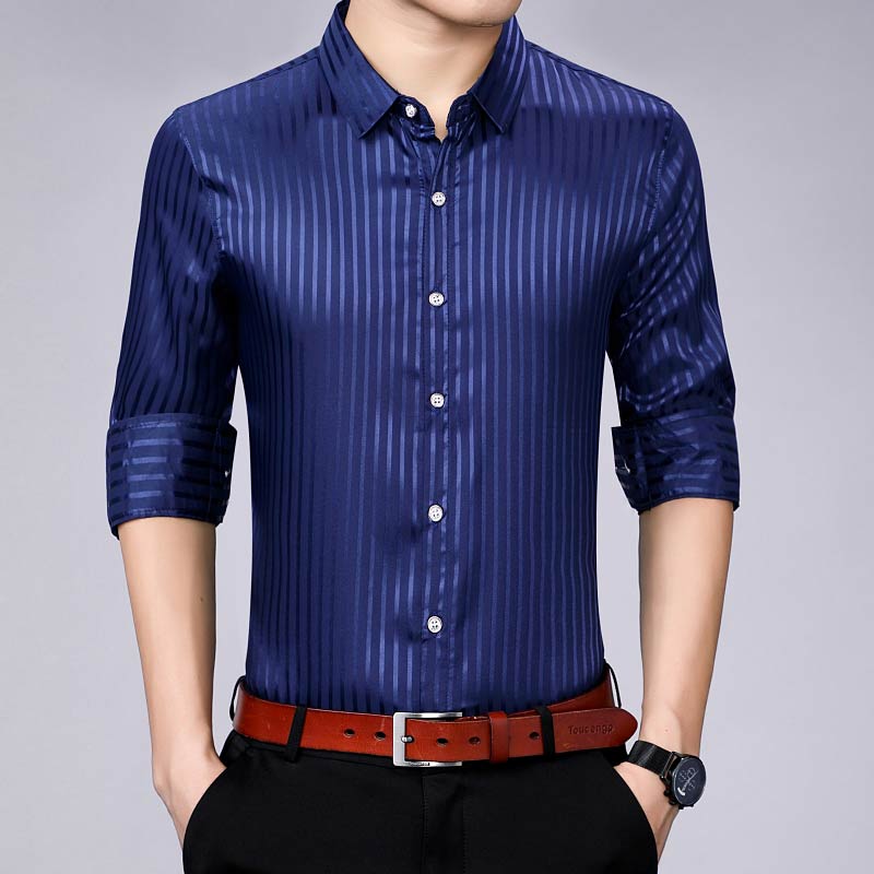 Chemise à manches longues pour homme, streetwear, décontracté, à rayures, slim, coupe régulière, à la , , 90309: Bleu / XXXL