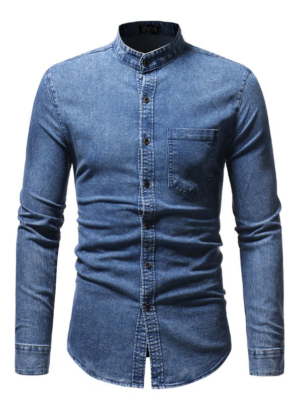 Jeansskjortor för män koreansk tvättad jeansskjorta mandarinkrage långärmade fritidsskjortor tunna herrkläder  n5244: Blå / Xl