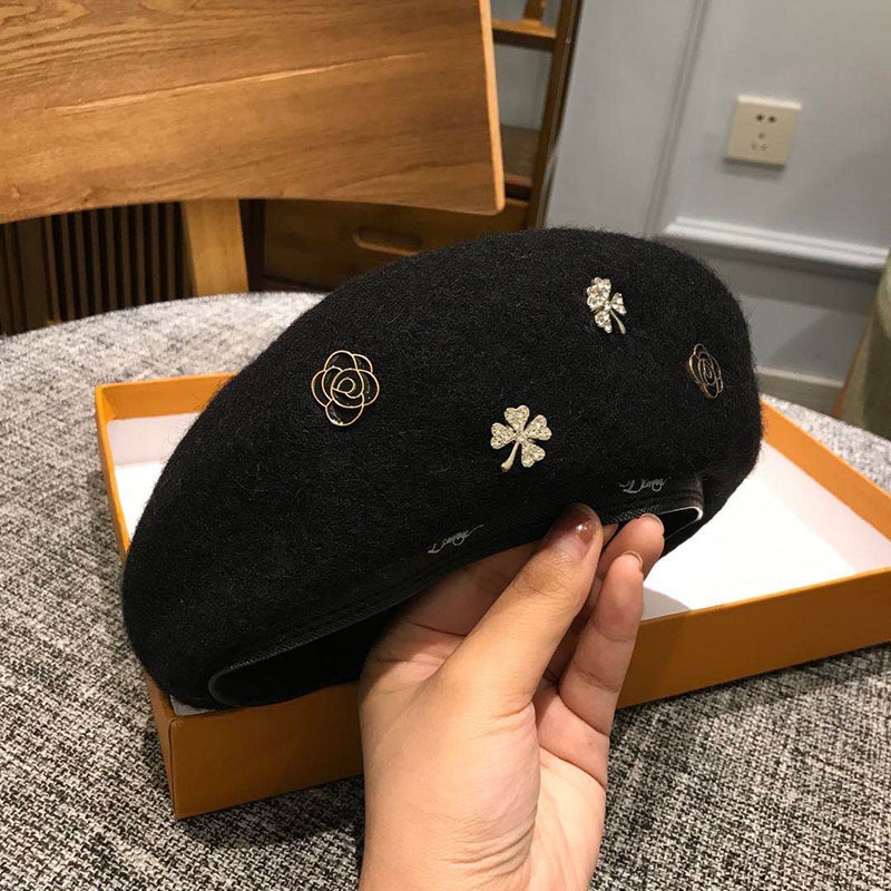Boina de lana con abeja de cristal para mujer, gorro de lana para invierno, otoño y primavera, color sólido, Boina de