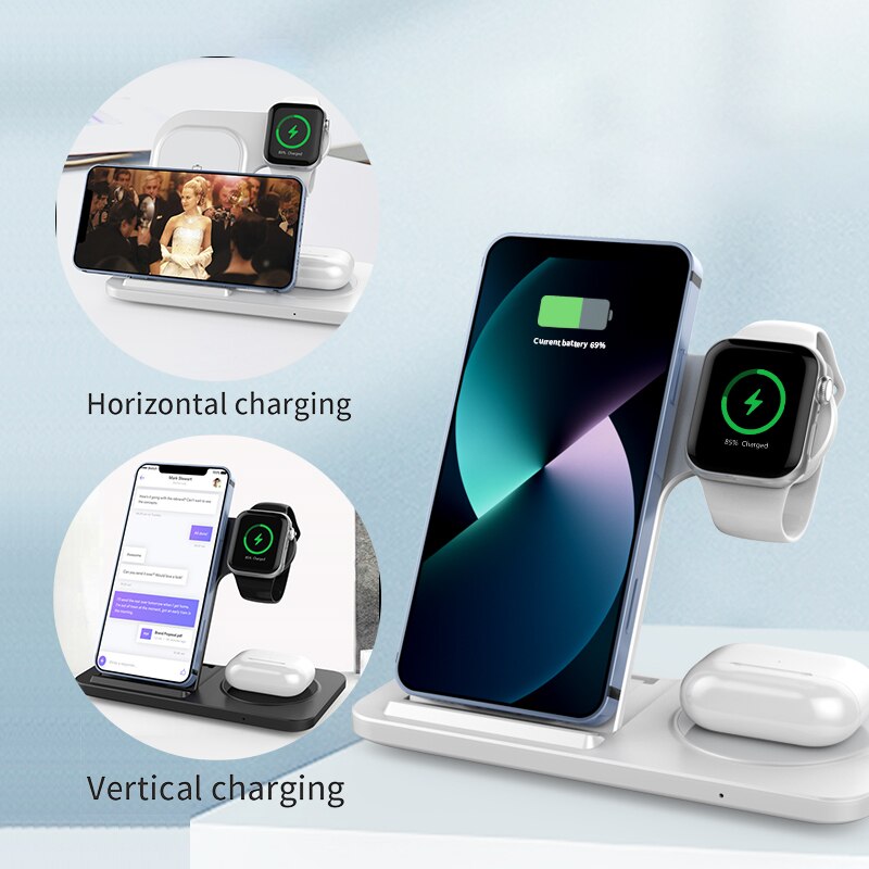 3 In 1 15W Fast Qi Wireless Charger Stand for iPhone 13 12 11 XR X 8 Airports Pro Apple Watch 7 6 Foldable Charging Phone Holder