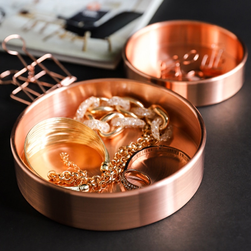 Scandinavische Stijl Retro Opbergvak Goud Verdikte Koperen Plaat Ronde Metalen Gerecht Sieraden Comstics Opslag Decoratieve Ornament