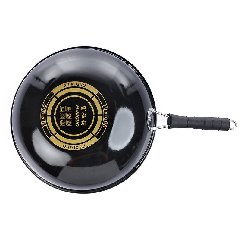 Gietijzeren wok 20 cm ongecoate platte bodem met dubbele handgrepen
