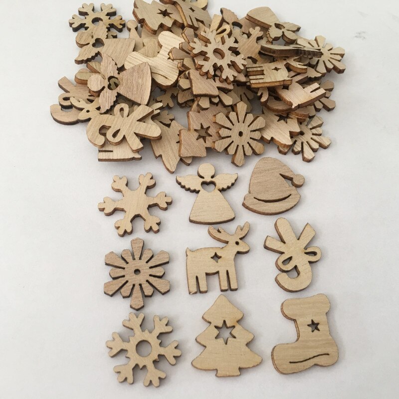 50pcs Natural Wood Christmas Ornaments Pendant Hanging Reindeer Tree Snowflakes Xmas Year Decor Home Decoration 62854: 2PD-62858-3