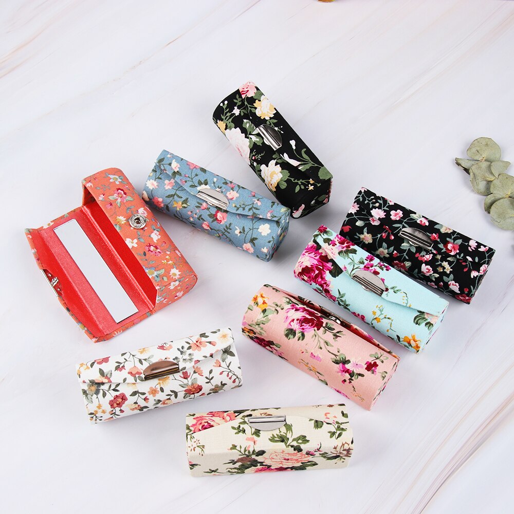 Læbestift etui mini spejl broderet lipgloss æske blomsterdesign smykkeholder piger kvinder makeup værktøjer
