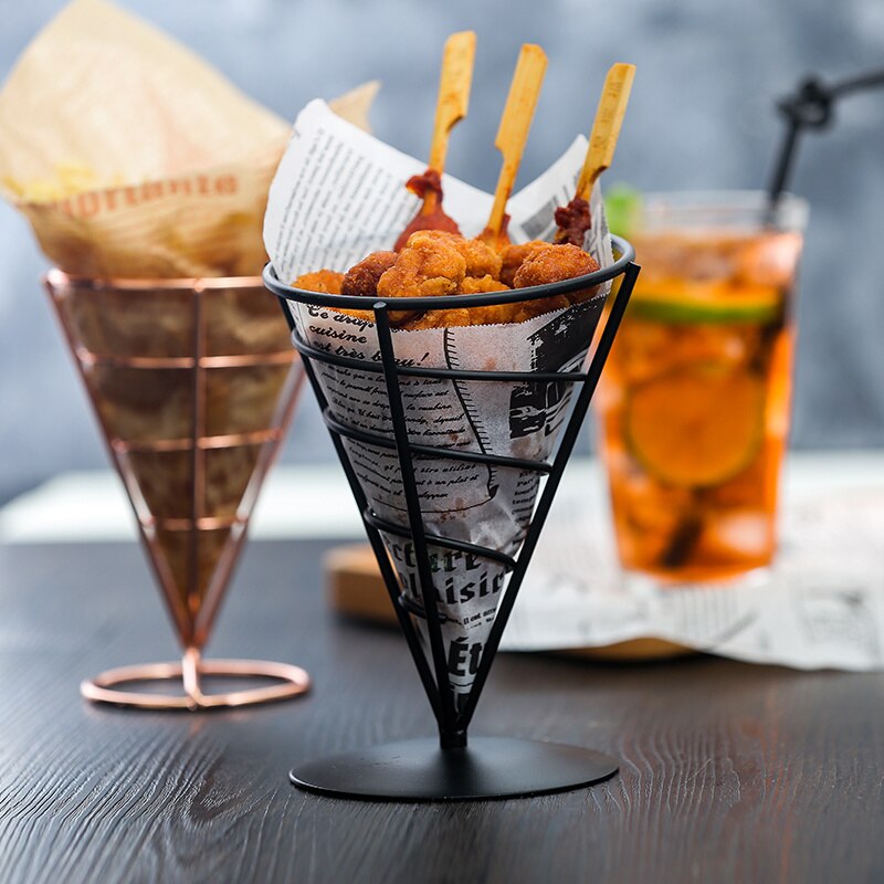 Pommes frites stå i rostfritt stål snacks display pizza kon hållare pommes frites korgar sås sallad doppkopp köksredskap