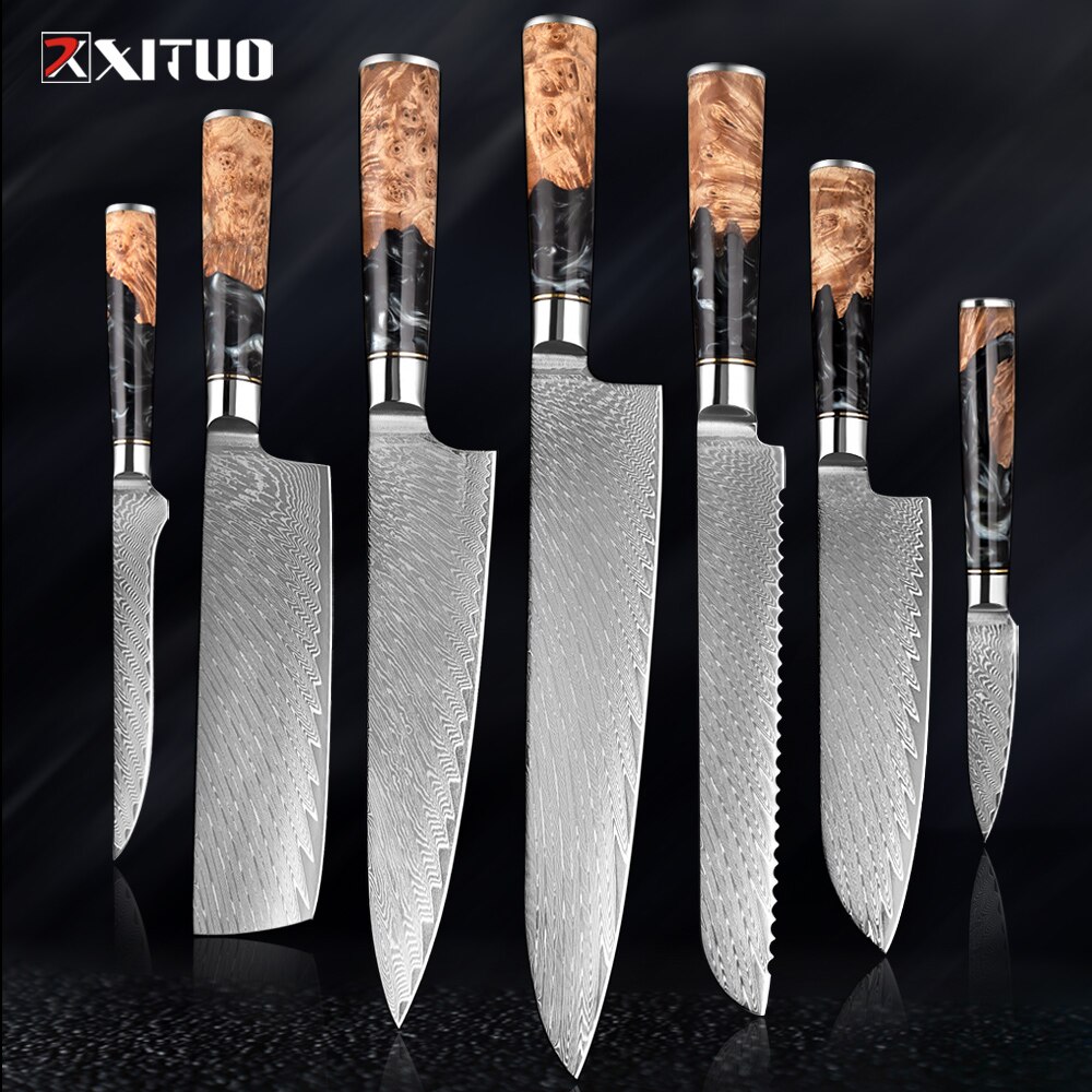 XITUO – ensemble de couteaux de cuisine en acier damas, couteau de chef japonais, couperet à pain utilitaire en résine et manche en bois stabilisé