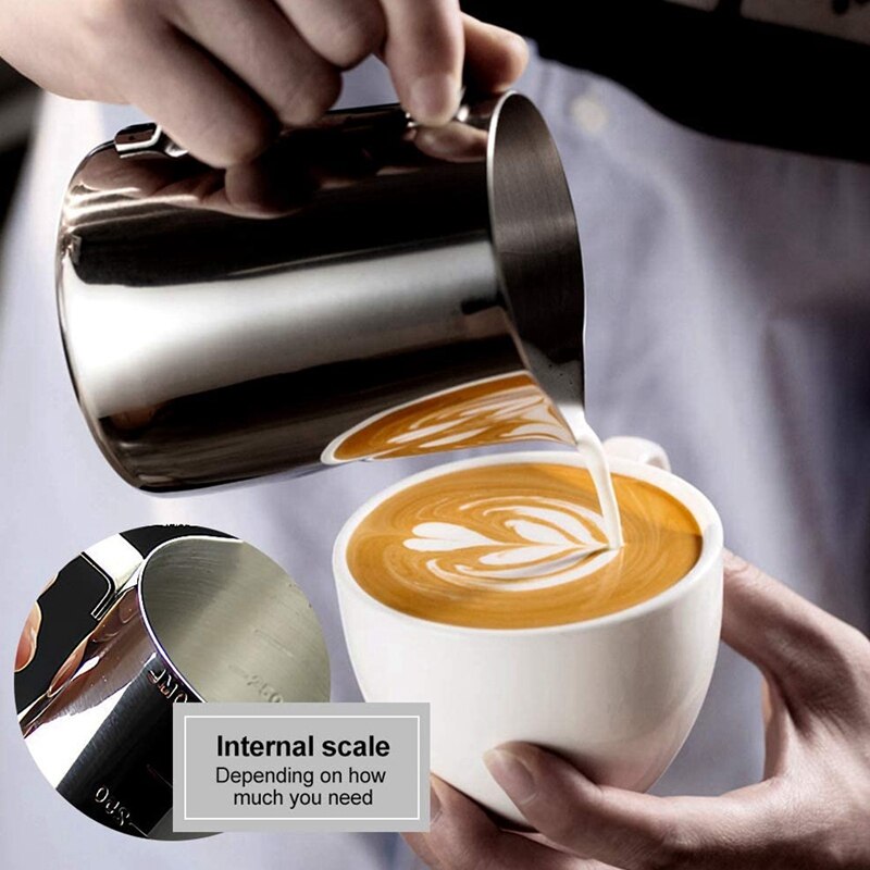 Stainless Steel Milk Frothing Pitcher, Measurements on Both Sides Inside, Milk Jug Cup with Decorating Pen