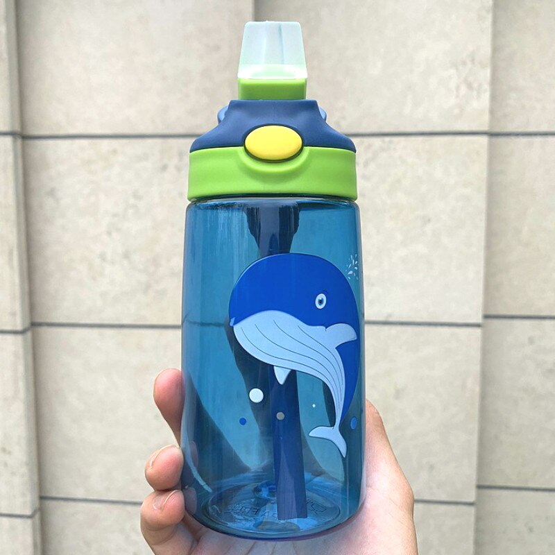 Vaso de agua para niños de 480ML, tazas de alimentación de bebé con dibujo , con pajitas, botellas de agua para exteriores, portátiles