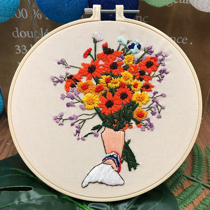Bouquet Pattern Beginner Handmade Art Needlework Material DIY Kits Embroidery Fabric Sewing Craft Set Home Decor: Flowers 04