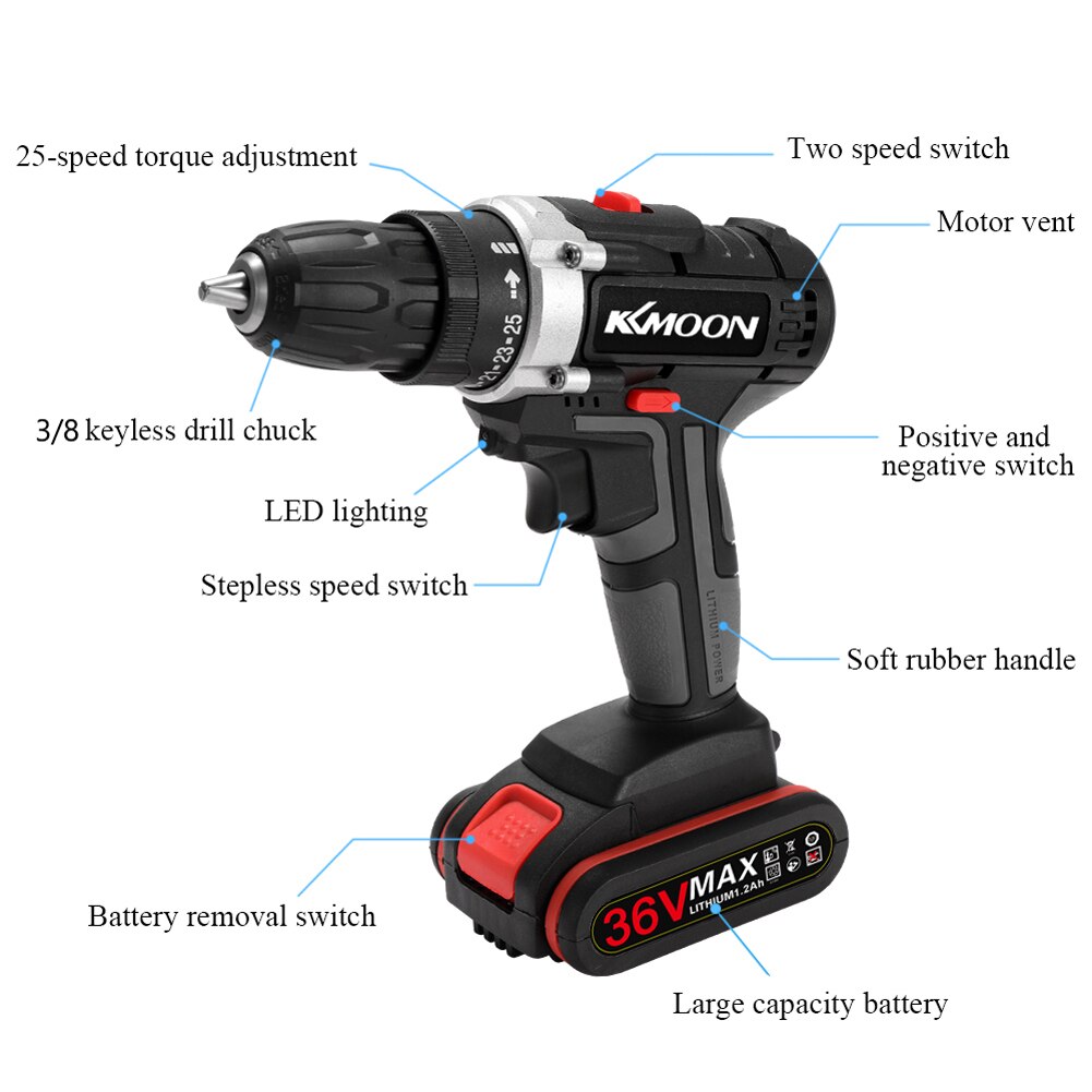 36V Electric Drill Cordless Electric Screwdriver High-power Lithium Battery Wireless Rechargeable Hand Drills Brush Motor DIY